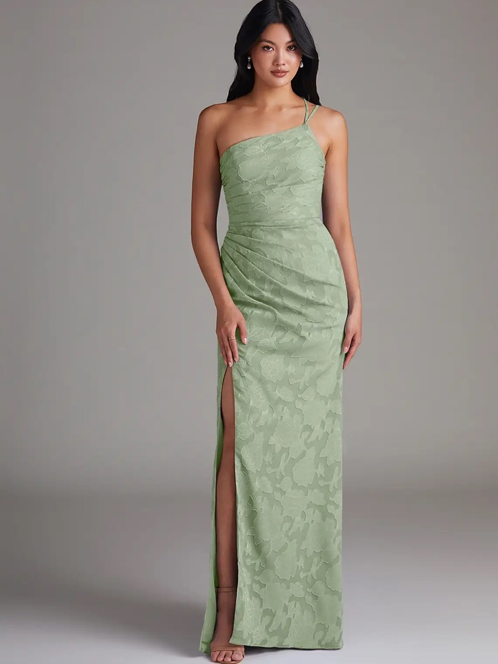 Azazie Dusty Sage Sheath One Shoulder Floral Burnout Dress